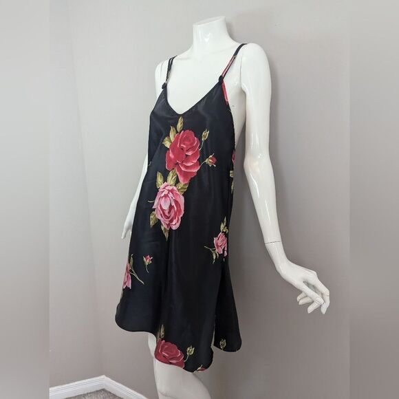 Vintage La Vie en Rose Black Floral Satin Slip Dress – Crisscross Back – SzLarge - Picture 2 of 12